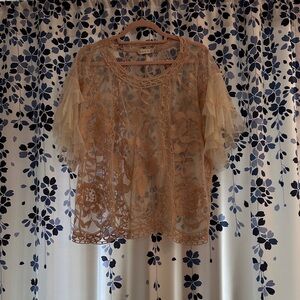 Altar'd State Sheer Lace Blouse in Rose Gold